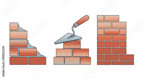 Bricklaying Process: Unfinished, Trowel, and Completed Wall Sections