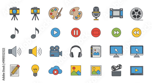 Creative Media Icons Set: Camera, Music, Video, Art, Computer, Audio, Idea