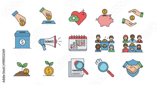 Charity And Donation Icons Set: Giving, Saving, Health, Support, Community, Finance
