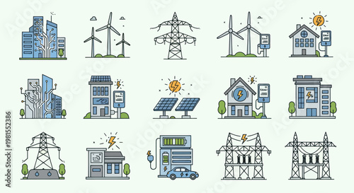 Renewable Energy and Smart City Icons: Wind, Solar, EV Charging, Power Lines