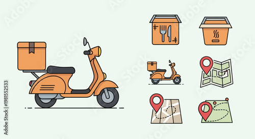 Food Delivery Scooter & Icons: Motorcycle, Package, Map Pin, Food Box, Navigation