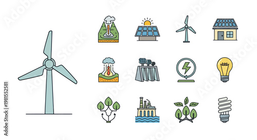 Eco-friendly energy icons: wind turbine, solar panels, geothermal, hydro, light bulb, factory