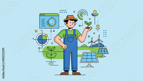Progressive farmer presenting a seedling surrounded by green energy icons like wind turbines and solar panels for sustainable agriculture.