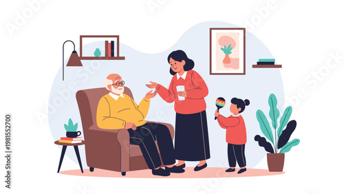 Loving woman and young girl caring for an elderly man sitting in an armchair at home, fostering intergenerational family support and affection.