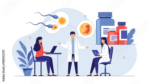 Professional doctor explaining fertility and embryo development to two patients in a medical office with medicine bottles and laboratory charts.