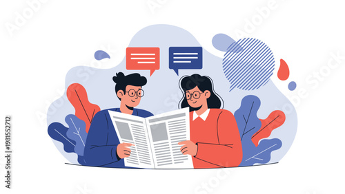Young man and woman sitting together and reading a newspaper, representing shared interest in news, information, and daily communication.