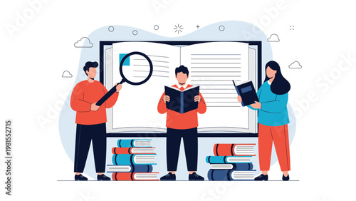Group of curious people exploring a massive open book with a magnifying glass, depicting research, education, and the pursuit of knowledge.