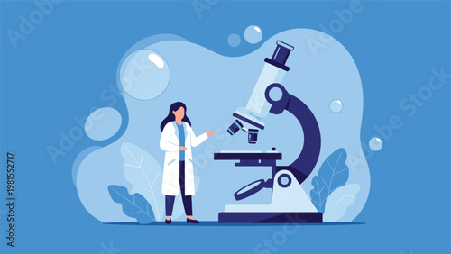 Female scientist standing next to a massive microscope on a blue background, symbolizing scientific research, discovery, and laboratory work.