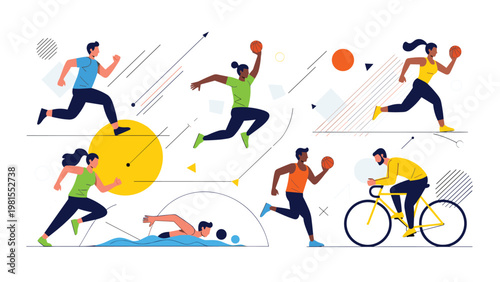 Dynamic collage of athletes participating in different sports like running, cycling, basketball, and swimming to promote health and fitness.