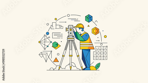Land surveyor wearing a yellow hard hat and safety vest using a professional theodolite on a tripod for site measurement and architectural planning.