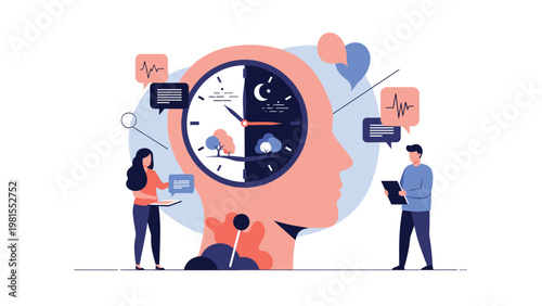 Circadian rhythm and sleep cycle concept showing a human profile with a clock face divided into day and night themes with sun, moon, and trees.