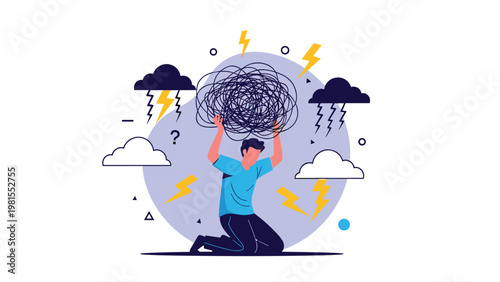 Mental health and stress concept with a man kneeling under a heavy cloud of tangled lines and lightning bolts representing anxiety and pressure.