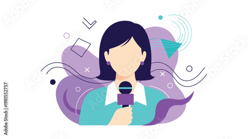 Professional female television news reporter holding a microphone against a vibrant purple background with abstract wavy lines and geometric shapes.