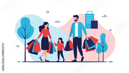 Happy family with a child walking together and carrying several colorful shopping bags after a successful retail therapy trip in the city park.