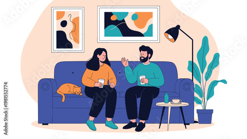 Young man and woman sitting on a comfortable blue sofa in a living room having a conversation while their ginger cat sleeps peacefully beside them.