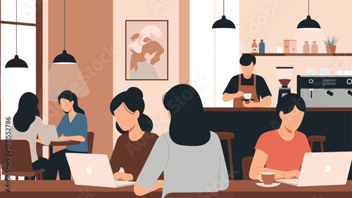 Modern urban cafe with people working on laptops, a barista serving coffee, and customers enjoying a productive atmosphere in a cozy environment.