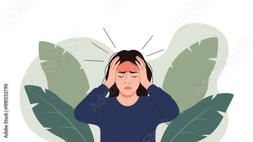 Stressed woman suffering from migraine or fever holding her head in pain with red marks on forehead surrounded by large green tropical leaves.