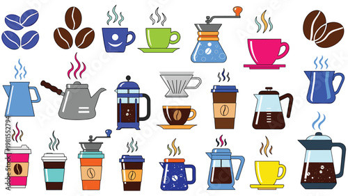Complete set of coffee icons including various brewing tools, cups, mugs, grinders, kettles, and beans for cafe and kitchen related design projects.