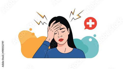 Young woman suffering from a severe headache or fever touching her forehead while looking tired on a colorful abstract background with graphics.
