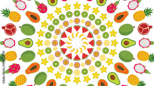 Colorful Tropical Fruit Mandala Pattern with Pineapple, Kiwi, Watermelon, Banana, Papaya and Exotic Elements in Seamless Decorative Background Design