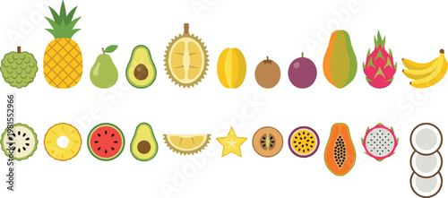 Tropical Fruit Vector Set Featuring Pineapple, Banana, Avocado, Papaya, Dragon Fruit, Coconut and Exotic Sliced Fruits for Healthy Food Design and Summer Graphics