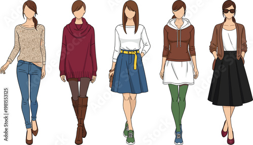 Female fashion models collection wearing autumn and winter casual outfits including sweaters skirts hoodies and boots in flat vector illustration style for clothing design.