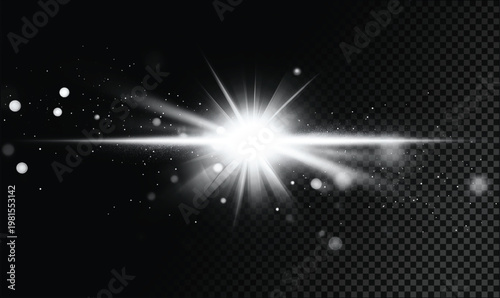 A bright white light explosion effect with rays and particles on a transparent background, ideal for overlay and design use