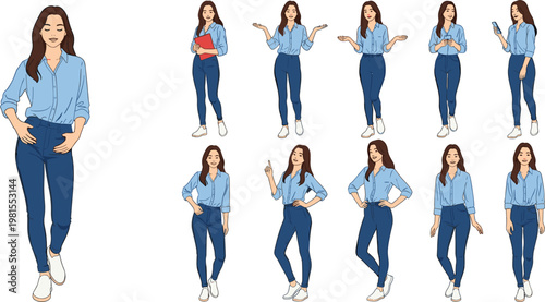 Vector character reference sheet featuring a young woman in casual blue shirt and jeans in various poses for business marketing presentation and lifestyle design.