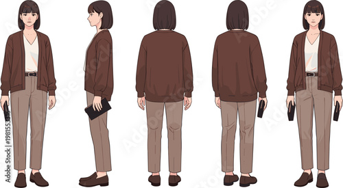 Anime style female character turnaround set featuring woman in brown cardigan and tan trousers showing front side and back views for fashion design and animation reference vector.
