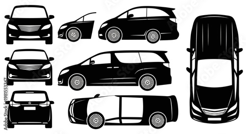 Diverse Car Silhouettes: Minivans, SUVs, and Sedans in Multiple Views