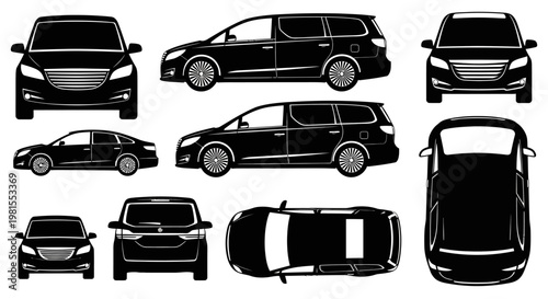 Diverse Car Silhouettes: Multiple Views of Sedans, SUVs, and Minivans