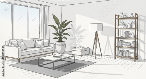Elegant Living Room Sketch with Modern Furniture and Natural Light.
