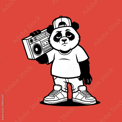 Cool cartoon panda character wearing a cap and holding a retro boombox