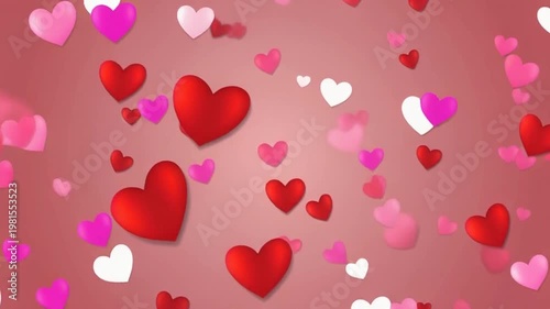 Colorful hearts falling on pink background