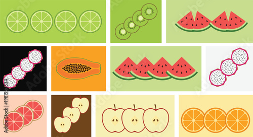 Colorful Fruit Banner Set with Lime, Kiwi, Watermelon, Dragon Fruit, Papaya, Apple, and Citrus Slices in Flat Vector Style for Background Design