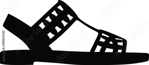 Sandal, black silhouette of comfortable summer footwear with multiple straps and flat sole, minimal vector illustration design.