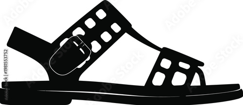 Sandal, black silhouette of comfortable summer footwear with multiple straps and flat sole, minimal vector illustration design.