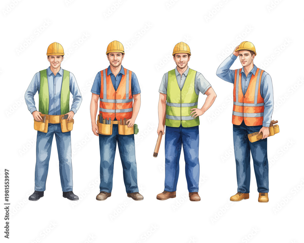 Obraz premium Watercolor Construction Workers Group Vector Illustration, Building Team and Labor Force Concept Isolated on White Background