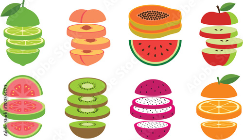 Sliced Fruit Icon Set with Lime, Peach, Papaya, Apple, Watermelon, Kiwi, Dragon Fruit, and Orange in Flat Vector Style for Fresh Food Design
