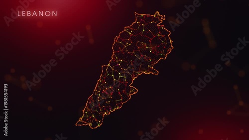 A dynamic motion video showcasing the Lebanon country border through a colorful plexus reveal. Glowing red and orange dots represent high-tech data communication and global digital networks.