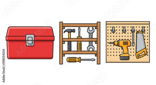 Toolbox, Rack, and Pegboard with Tools