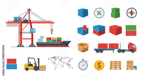 Global Shipping and Logistics Icons: Cargo Ship, Crane, Truck, Forklift, Containers, Map