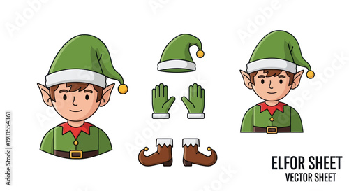 Christmas Elf Character Parts Kit: Hat, Gloves, Boots, Face & Full Body Vector Art