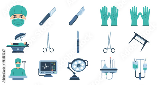 Medical Surgery Equipment and Tools Icons Set