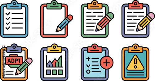 Checklist clipboard icons collection with approval audit reports tasks forms validation and business workflow management