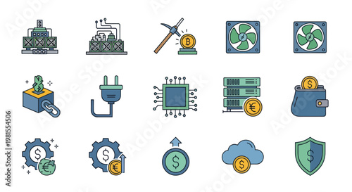 Cryptocurrency Mining and Blockchain Technology Icons Set