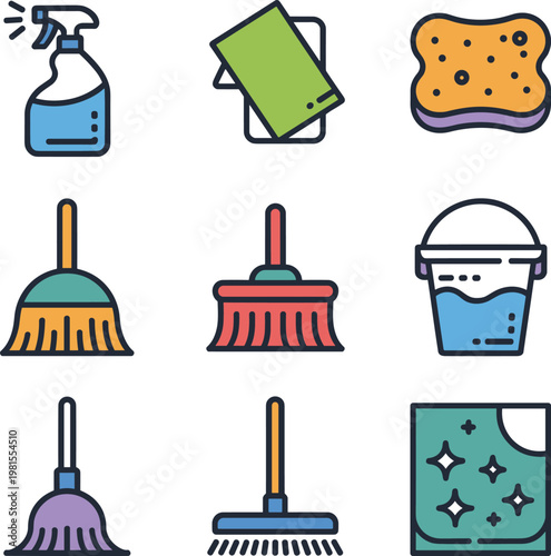 Cleaning supplies icons set with spray sponge mop broom bucket detergent tools for household hygiene