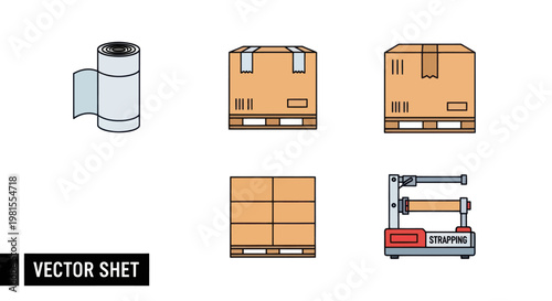 Shipping and Packaging Icons: Boxes, Pallets, Tape Dispenser, and Shrink Wrap