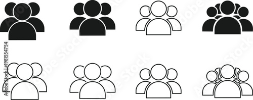 Group teamwork icon collection with community people social interaction collaboration unity artwork, black outline vector template set