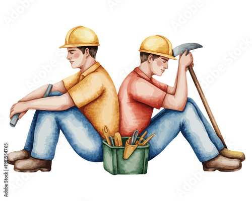Watercolor construction workers resting, Labor Day concept vector illustration isolated on white background